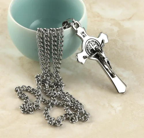Miniatura 4 de HZMAN Religión Acero Inoxidable Saint St. Benedict Crucifijo Cruz Colgante Collar INRI