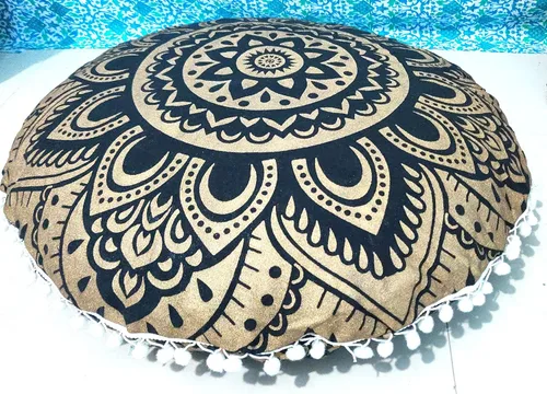 Funda de almohada grande de 24 pulgadas, diseño de mandala de flores de oro negro y dorado, funda de cojín otomana para meditación, hippie,