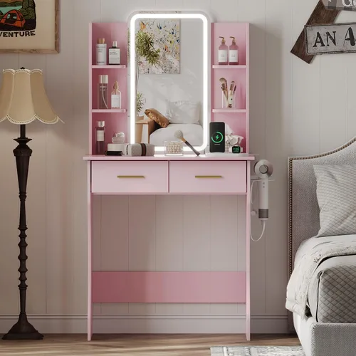 Miniatura 5 de HUANLEGO Pequeño escritorio de tocador con espejo y luces, escritorio de maquillaje rosa con espejo iluminado y toma de corriente, 3 luces