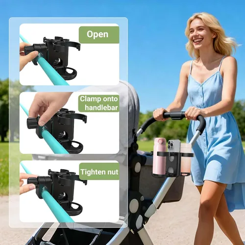 Miniatura 8 de ZealSound Soporte para taza de cochecito, soporte para botella 3 en 1 con soporte para teléfono para cochecito, silla de ruedas, scooter, andador