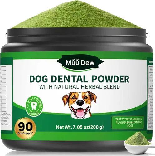 Polvo de limpieza de dientes de perro, polvo dental para perros y gatos, ambientador de aliento para perros, mal aliento y removedor de sarro para