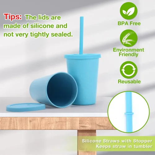 Miniatura 4 de Mfacoy Paquete de 4 vasos de paja de trigo con tapa y pajitas, vaso irrompible de 10 onzas para niños, vasos reutilizables para beber, vaso pequeño
