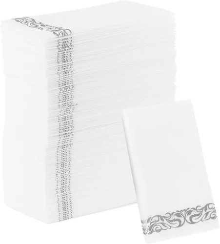 Miniatura 12 de Party Bargains Toallas desechables de lino para invitados, paquete de 50, 13 x 16 pulgadas, color blanco con impresión plateada, toallas de mano