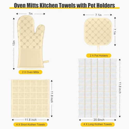 Miniatura 2 de Juego de 12 manoplas de cocina con soportes para ollas, juego de 12 paños de cocina, guantes de horno, almohadillas resistentes al calor a 500 Beige