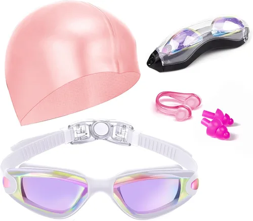 Miniatura 10 de Gafas de natación sin fugas con clip de nariz, tapones para los oídos, gorro de natación y funda para hombres y mujeres Azul lago