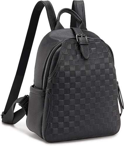 Mochila pequeña para mujer, bonita mochila a cuadros de piel sintética para mujer, mochila ligera para el hombro, escuela y viajes, Negro