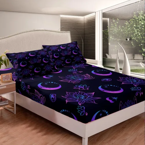 Miniatura 4 de Erosebridal Juego de sábanas tamaño individual con estampado de luna, diseño de flores de loto, color morado degradado, juego de sábanas orientales