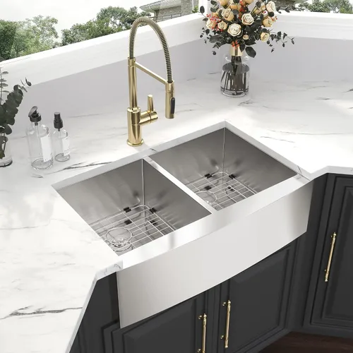 Miniatura 2 de Kichae 33 Farm Sink Double Bowl - Delantal de fregadero de granja de 33 pulgadas, delantal frontal de doble tazón, acero inoxidable 50/50, calibre