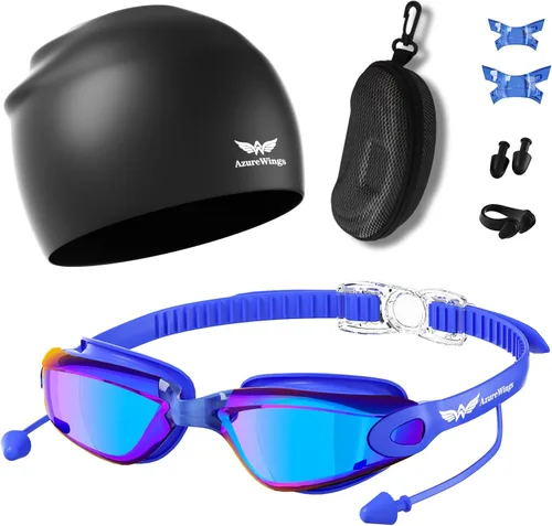 Miniatura 15 de Gafas de natación 7 en 1 + gorro de natación para hombres y mujeres, sin fugas, antivaho y UV, lente de PC con espejo HD de visión amplia