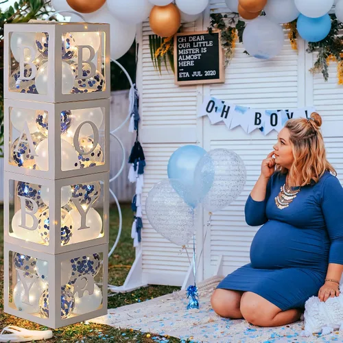 Miniatura 7 de Decoraciones de caja de globos para baby shower, 4 bloques de bebé transparentes con letras "Baby Girl", paquete de 4 luces LED de hadas y 40 globos
