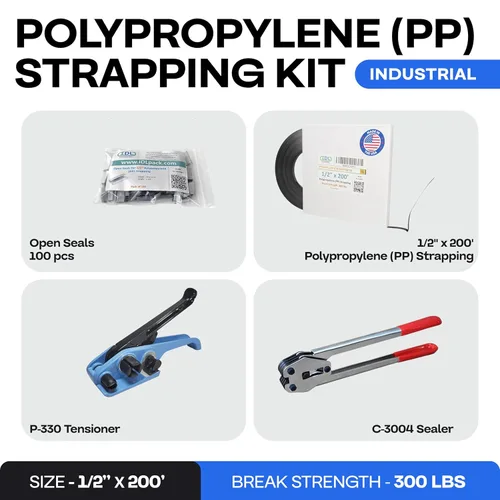 Miniatura 2 de IDL Packaging Kit de flejado de polietileno (PP) de grado industrial de 1/2 pulgada x 200 pies, resistencia a la rotura de 300 libras, solución