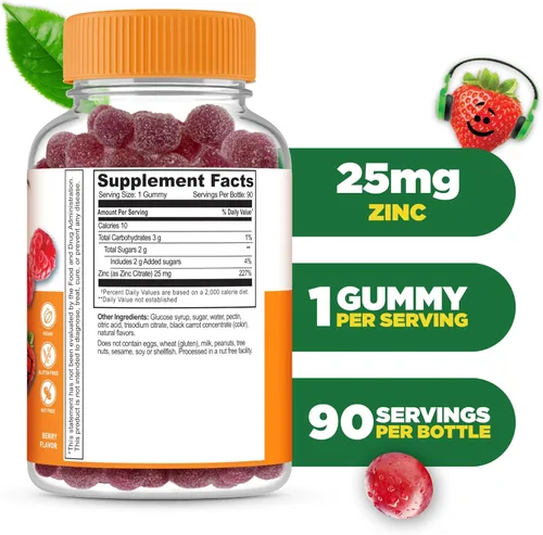 Miniatura 2 de Gomitas de zinc realistas para niños, 25 mg, suplemento de gomitas de gran sabor natural, vitaminas – Sin gluten vegetariano sin OMG masticables