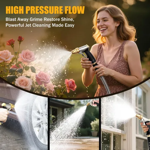 Miniatura 6 de Boquilla de manguera de jardín de latón resistente, boquilla de pulverización de agua de metal de alta presión con 4 patrones ajustables para riego