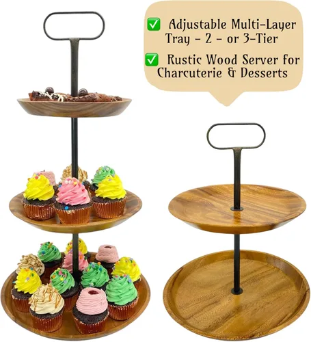 Miniatura 3 de Soporte de exhibición de madera de acacia de 3 niveles, torre rústica para cupcakes, servidor de postres y aperitivos, apilador de queso