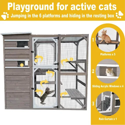 Miniatura 3 de Gowoodhut Catio grandes recintos para exteriores – Casa de madera para gatos resistente a la intemperie con múltiples plataformas y techo resistente