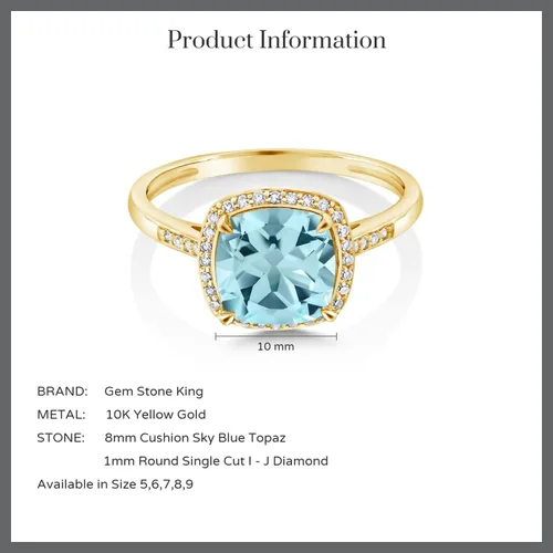 Miniatura 7 de Gem Stone King Anillo de compromiso de oro amarillo de 10 quilates con topacio azul cielo y diamante para mujer