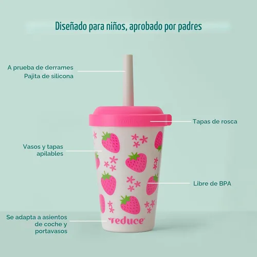 Miniatura 3 de REDUCE GoGo's - Vasos Tumbler portátiles para niños con tapas y popotes a prueba de derrames, paquete de 5 vasos apilables de 12 onzas con tapas