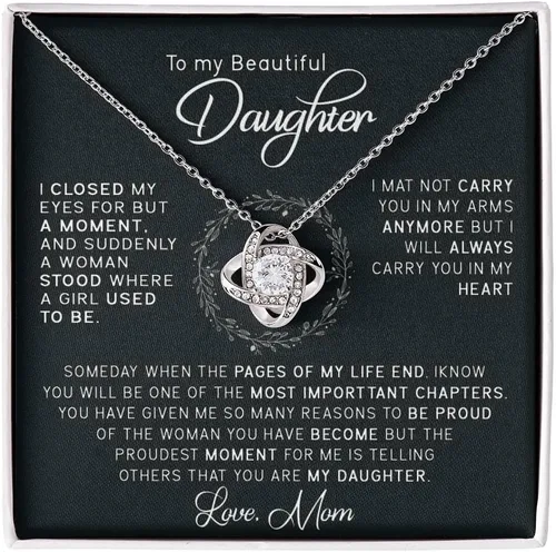 John-dhh Collar con texto en inglés "To My Beautiful Daughter", regalo de mamá a hija, collar de nudo de amor, regalo de graduación, regalo de