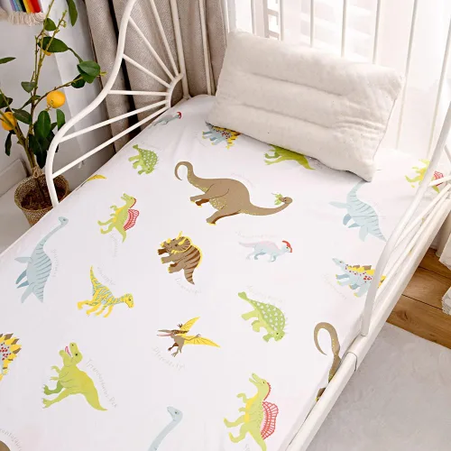 Miniatura 3 de Sábana bajera con bolsillo profundo, sábanas de cama de tela suave con estampado de dinosaurios lindos para niños y niñas, tamaño Full Blanco