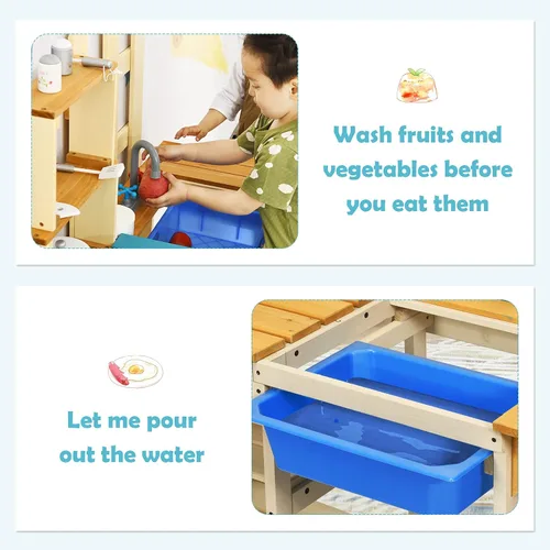 Miniatura 3 de Costzon Cocina de barro para niños al aire libre, cocina de madera con fregadero extraíble, grifo, estantes de almacenamiento, mesa de barro, juego