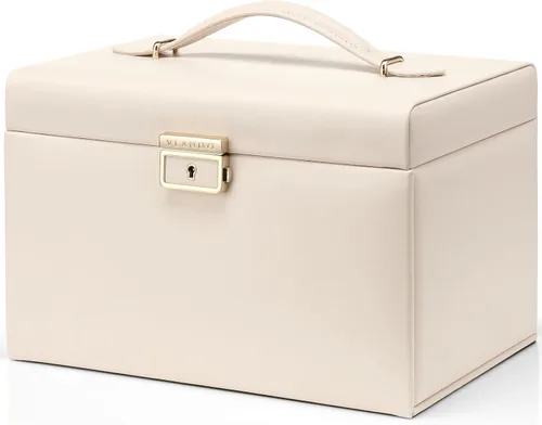 Vlando Caja organizadora de joyas de terciopelo para mujer caja grande de almacenamiento de joyas de cuero con cerradura espejo 3 cajones para reloj