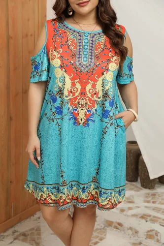 Miniatura 6 de Hbeyyto - Vestido informal de manga corta con hombros descubiertos para mujer, holgado y con bolsillos, talla grande