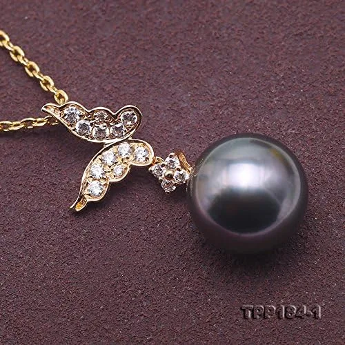 Miniatura 3 de JYX Pearl - Colgante de mariposa de oro de 14 quilates, calidad AAA, 0.374in, redondo, color negro, perla cultivada en Tahití, para mujer de 18.0in