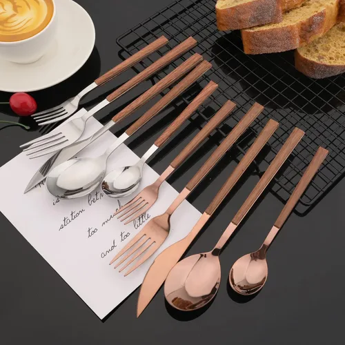 Miniatura 2 de JASHII Juego de cubiertos de mango de madera, 20 piezas de cubiertos de acero inoxidable, pulido con espejo, juego de cucharas y tenedores