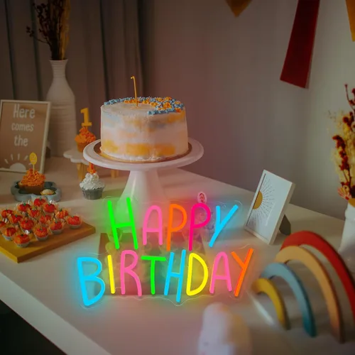 Miniatura 7 de Letrero de neón de feliz cumpleaños para decoración de pared, luces de neón de feliz cumpleaños coloridas, luz de neón LED de cumpleaños para telón