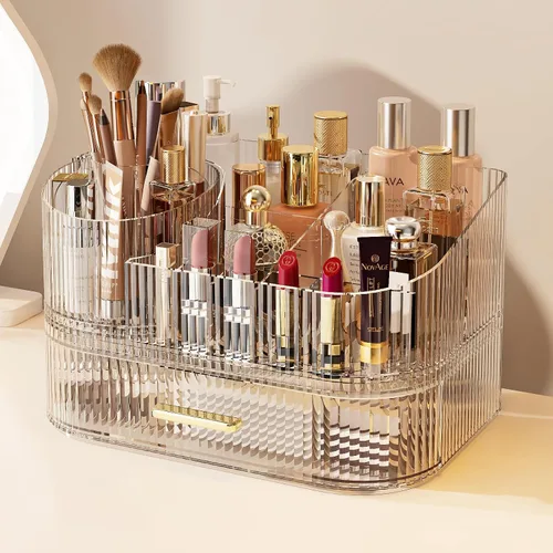 Organizador de maquillaje con soporte para brochas giratorio de 360° y cajones apilables, estuche de exhibición de cosméticos para tocador, encimera