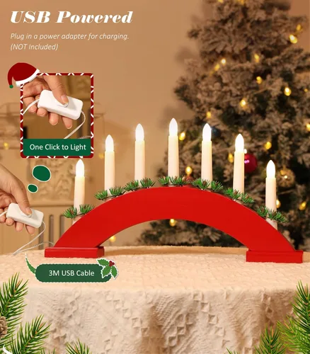 Miniatura 5 de Lewondr Candelabro sueco de Navidad, 7 velas cónicas sin llama con alimentación USB, luz de vela de ventana de Navidad con agujas de pino, luz de B