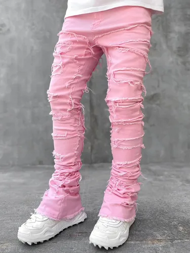 Miniatura 3 de Jeans para hombre, elásticos, ajustados, apilados, rasgados, desgastados, ajustados, con parche Y2K, pantalones de mezclilla ajustados, ropa de calle