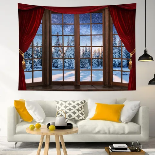 Miniatura 2 de WEENEO Tapiz de bosque de invierno, ventana, exterior, pino, Navidad, escena de nieve, tapiz de naturaleza, plantas, montaña bajo azul estrellado