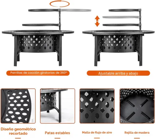 Miniatura 9 de OutVue Fogata de 36 pulgadas con 2 parrillas, fogata de leña para exteriores con tapa, atizador y cubierta redonda impermeable, barbacoa y hoguera