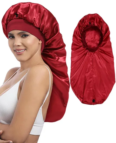 Miniatura 9 de AWAYTR Gorro largo de satén para mujer, gorro de seda de 2 capas para trenzas, gorro de dormir elástico con gorro de noche de banda ancha (negro)