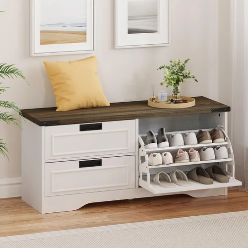 Miniatura 10 de FATORRI Banco con almacenamiento para zapatos para entrada, bancos de madera con puerta abatible y cajones, gabinete organizador de zapatos