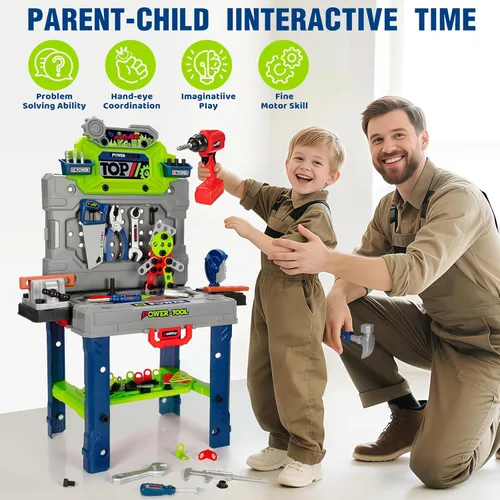 Miniatura 7 de Juego de banco de herramientas para niños con taladro eléctrico y herramientas realistas, juego de banco de trabajo de construcción para niños