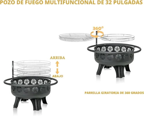 Miniatura 5 de Verdeluxe Pozo de fuego de 32 pulgadas con rejilla de cocción giratoria, hoguera de leña 3 en 1 con parrilla, mesa de fogata al aire libre con tapa