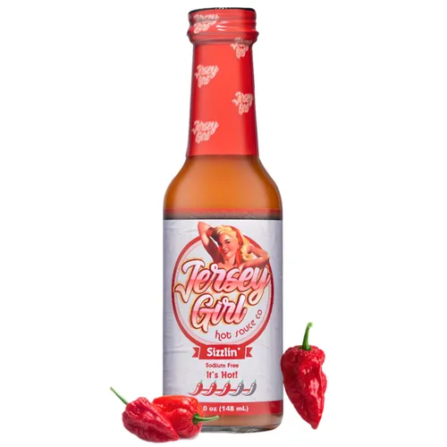 Jersey Girl Hot Sauce Co Salsa Picante Sizzlin' Sin Sodio/Libre de Sal - Hecha con Pimienta Escorpión y Fantasma 5 Oz (Picante) Ingredientes