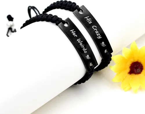 Miniatura 3 de 1 par de pulseras trenzadas Hademade para parejas, pulseras para hombres y mujeres grabadas con "I Love You 3000, God Gave Me You, His Crazy Her