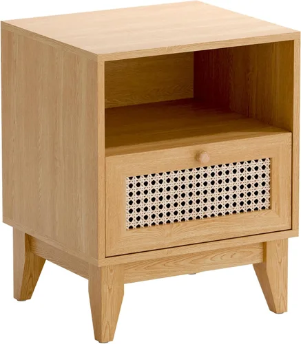 Miniatura 5 de Betterhood Juego de 2 mesitas de noche de ratán, juego de 2 mesitas de noche para dormitorio, mesita de noche bohemia, mesita de noche de madera
