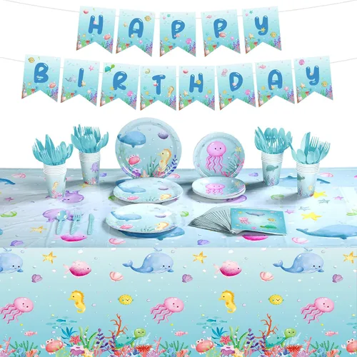 Capoda 172 piezas temáticas oceánicas decoraciones de fiesta de cumpleaños subacuáticas suministros de fiesta para 24 incluye platos, servilletas,