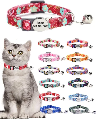 Miniatura 14 de Collar de gato con nombre de identificación, placa de número de teléfono, patrón floral grabado personalizado, collar de gatito con campana, azul a