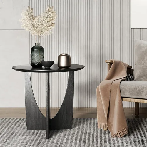 Miniatura 2 de Mesa auxiliar redonda, mesa auxiliar estética moderna con chapa de roble, mesa decorativa de madera para sala de estar, dormitorio (A, negro)