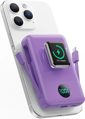 Miniatura 24 de Cargador portátil magnético de 10800 mAh para iPhone con cables integrados, cargador de batería inalámbrico 6 en 1 con cargador iWatch, pantalla LCD