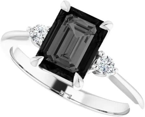 Anillo de compromiso de diamantes negros de talla esmeralda de 2.50 quilates, oro blanco de 14 quilates, anillo de ónix negro minimalista con forma