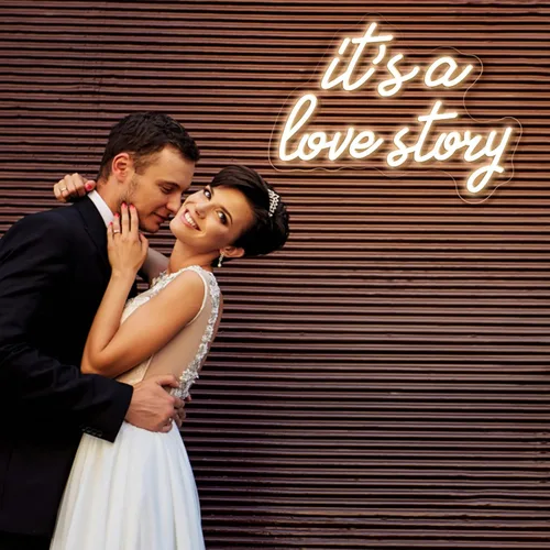 Miniatura 7 de Letrero de neón con texto en inglés "It's a Love Story", luz LED blanca cálida para dormitorio, estética, cumpleaños, boda, fiesta, regalo, novio