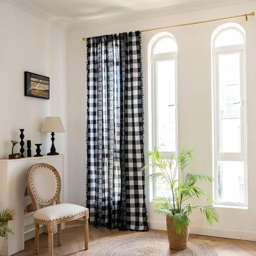 Miniatura 115 de Deeprove Cortinas bohemias para dormitorio, rayas huecas de ganchillo crema y estampado floral, tela de lino de algodón, con borlas beige bohemias