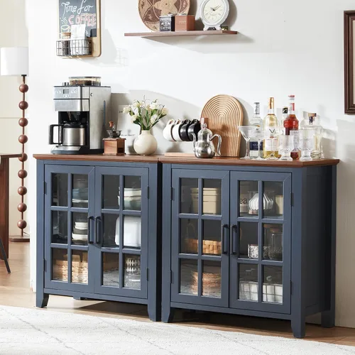 Aparador Grande Buffet con Almacenamiento, 32" Mueble de Cocina Estilo Granja Azul Marino para Café y Vino con 2 Puertas de Vidrio, Mesa Aparador de