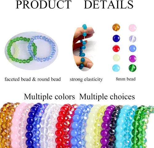 Miniatura 2 de Svovin 20 pulseras elásticas de cuentas de 0.315 pulgadas para mujer, cristal de cristal, hechas a mano, elásticas, multicolor, apilables, redondas